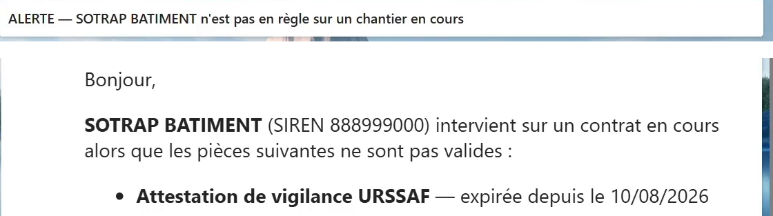 Alerte reçue : sous-traitant non à jour sur un chantier en cours
