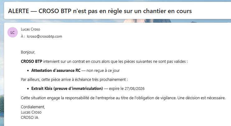 Alerte reçue par mail : sous-traitant non à jour sur un chantier en cours