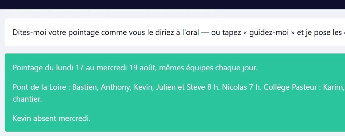 Un pointage de semaine écrit en langage courant