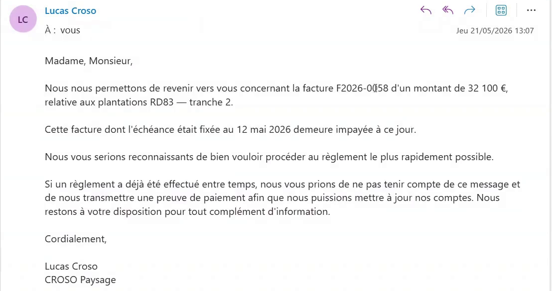 Une relance envoyée à un client sur une facture échue