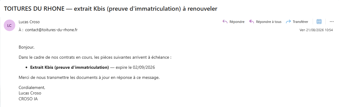 Relance envoyée à un sous-traitant