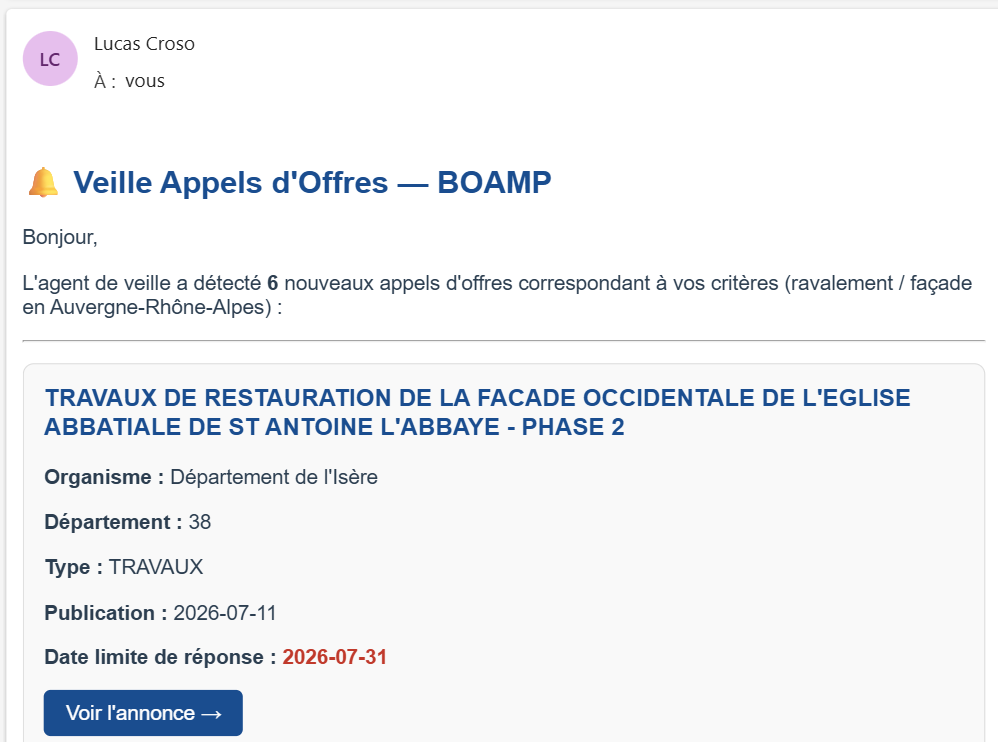 Le mail de veille : les avis retenus et leur date limite de réponse